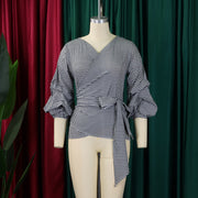 Plus Size V neck Bubble Sleeve Big Bow Blouse GMLF 3319