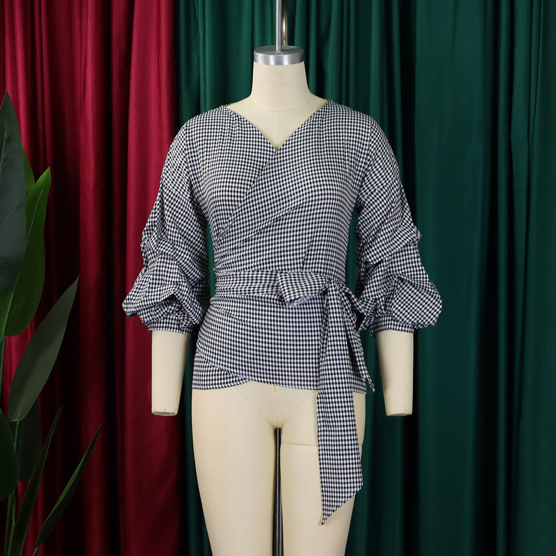 Plus Size V neck Bubble Sleeve Big Bow Blouse GMLF 3319