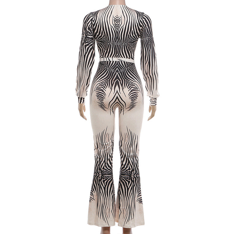 Deep V Neck Long Sleeve Print Jumpsuit XEF K25S89517