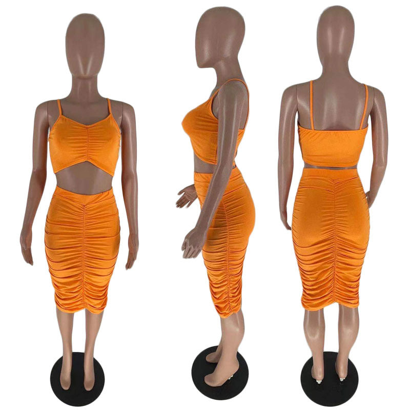 Solid Color Ruched Sling Top Skirt Two Piece Set GFDY 117