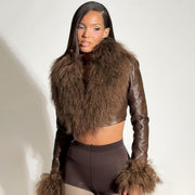 Fur Patchwork Leather V Neck Coat DLSF K25L85062