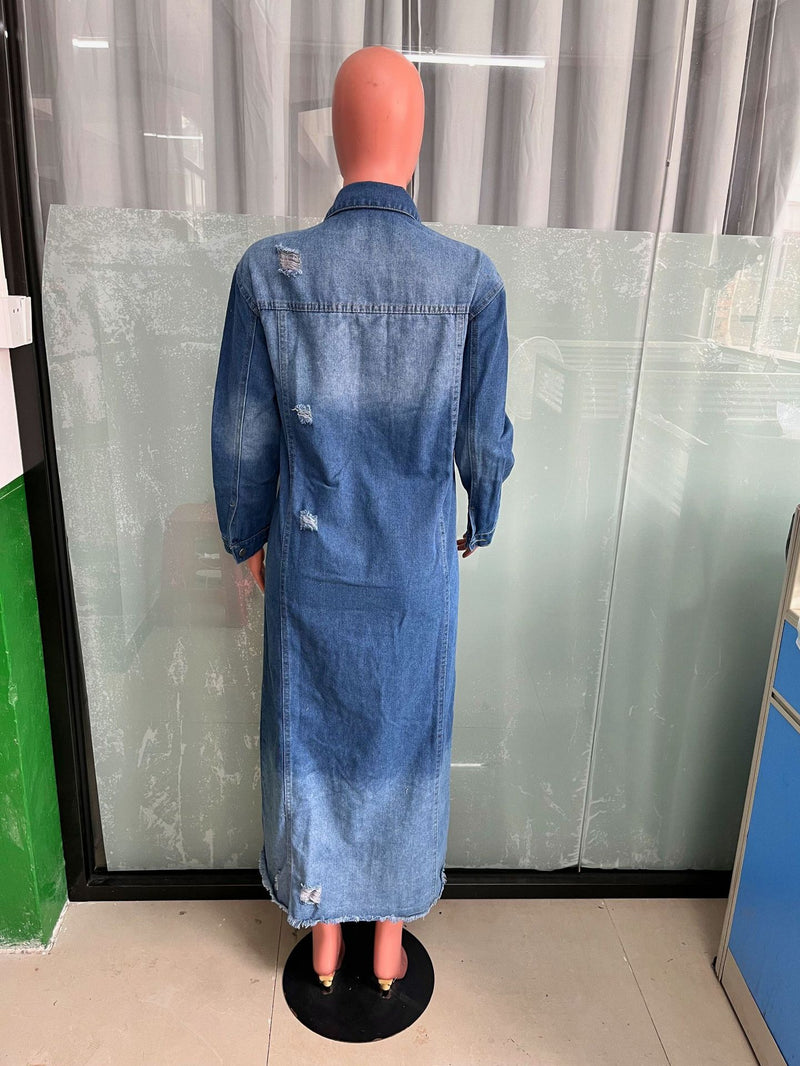 Fashion Holes Long Sleeve Denim Long Coat LX 6017