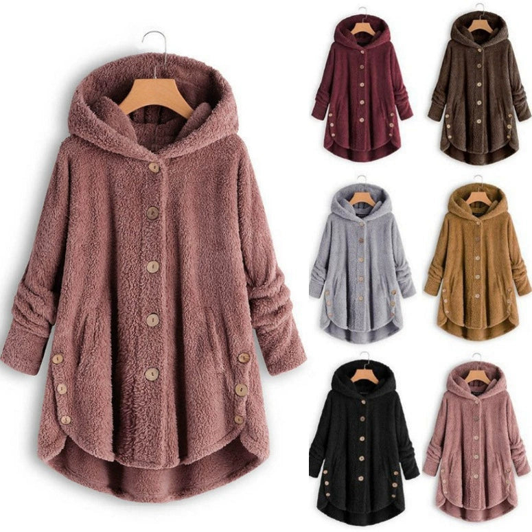 Plus Size Button Up Hooded Plush Solid Color Jacket GXHF 885236