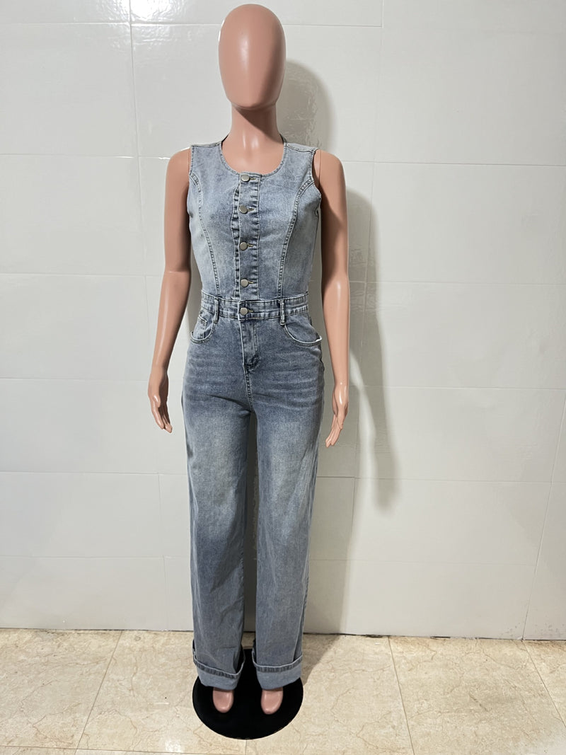 Denim Sleeveless Wide Leg Jumpsuit LX 6075