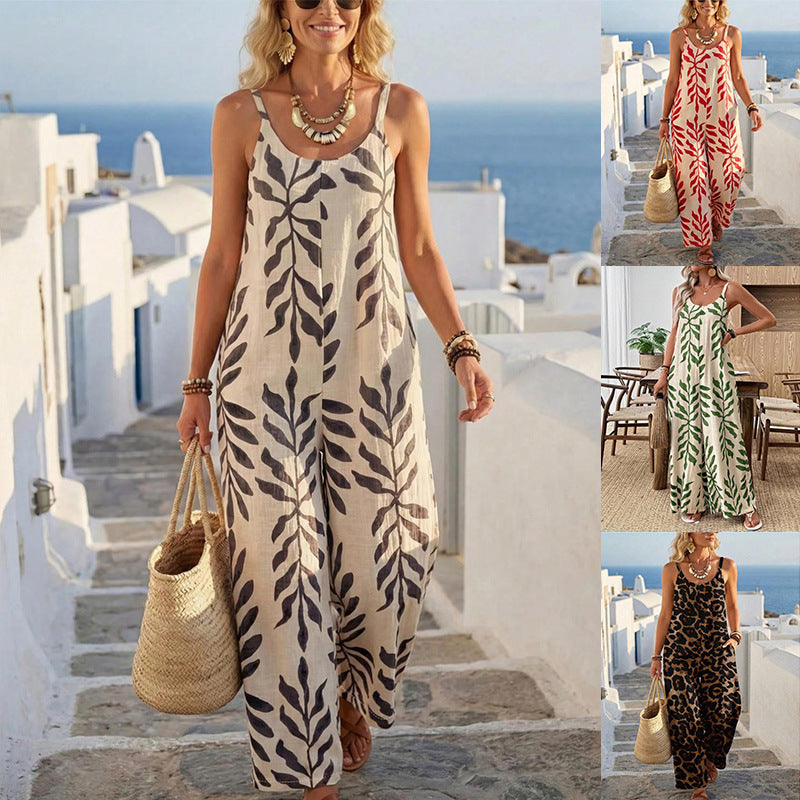 Print Off Shoulder Loose Wide Leg Jumpsuit GSRX 748