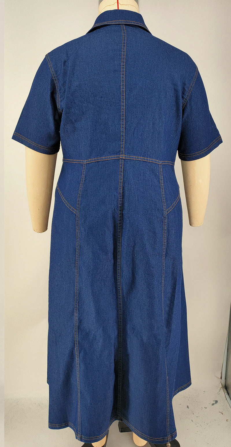 Plus Size Single Breasted Button Short Sleeve Denim Maxi Dress GDAM 218820