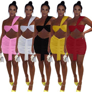 Solid Color Ruched One Shoulder Top And Skirt Two Piece Set JZHF 8028