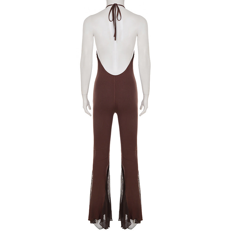 V Neck Backless Mesh Patchwork Jumpsuit GPKJ MR18592