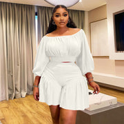 Plus Size Pleated One Shoulder Two Piece Short Set NNWF 8067