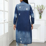 Torn Hole Washed Loose Denim Long Coat GKNF TS 24932