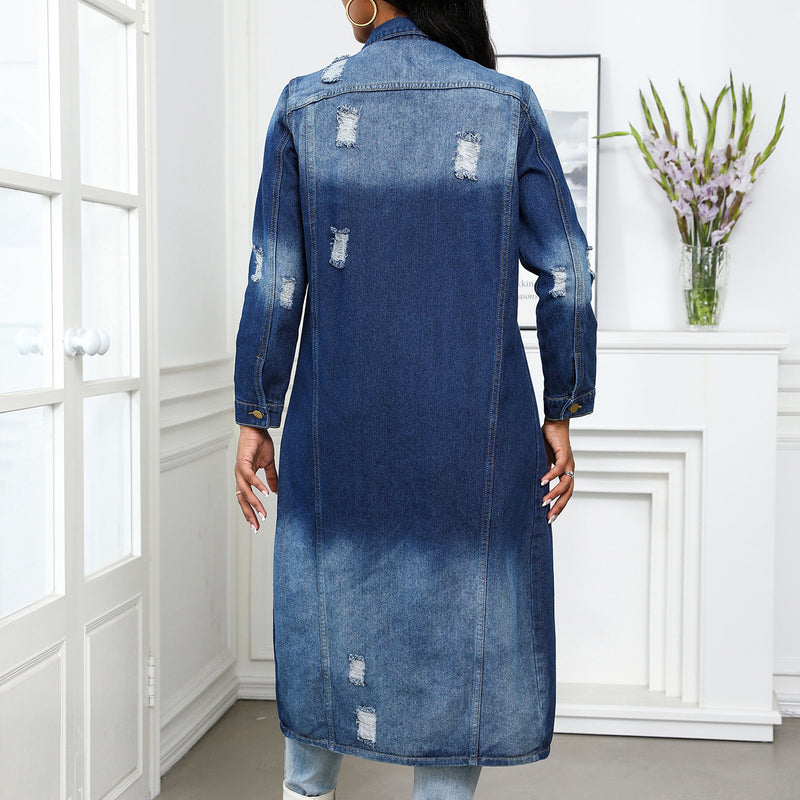 Torn Hole Washed Loose Denim Long Coat GKNF TS 24932