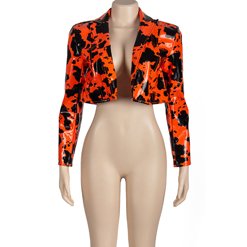 Lapel Milk Print Long Sleeve Leather Coat Jacket GAXB A239TP