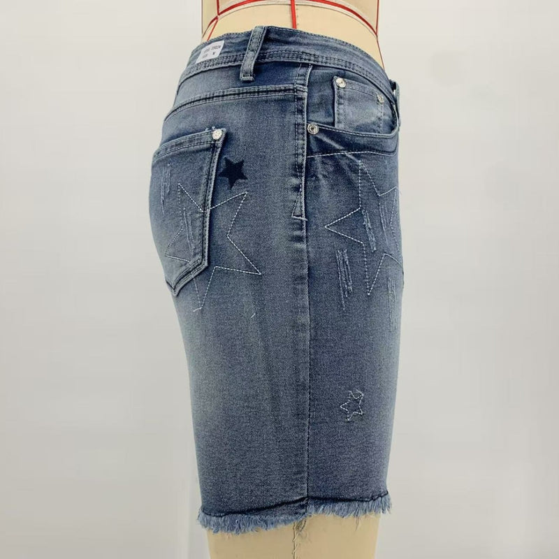 Denim Embroidered Holes Short XCFF 2502