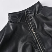 PU Leather Contrast Color Splicing Zipper Short Jacket GBTF 7307
