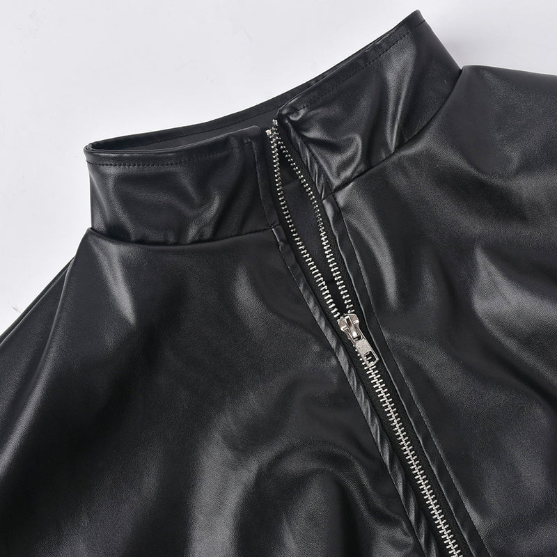 PU Leather Contrast Color Splicing Zipper Short Jacket GBTF 7307