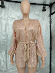 Long Sleeve Sequin Solid Color Belt Romper GYOM 8930