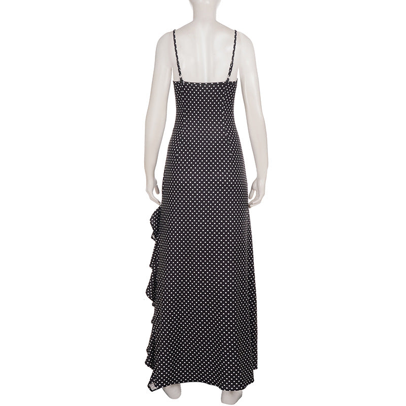 Polka Dot Print Lace Patchwork Sling Maxi Dress GPKJ MR51282
