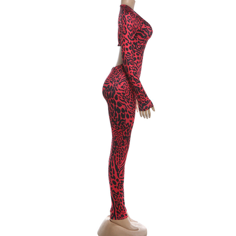 Leopard Print V Neck Tight Jumpsuit GZJQ K6Q01737A