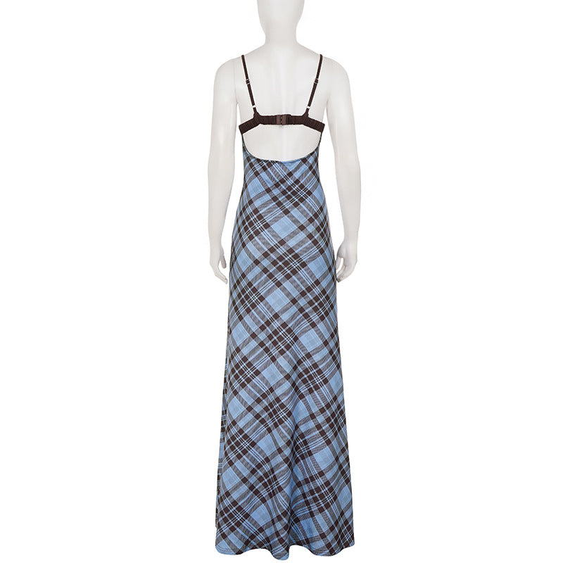 Plaid Patchwork Sling Backless Maxi Dress GPKJ MR49476