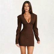 Solid Color Long Sleeve V Neck Mini Dress GSBW C26DS308