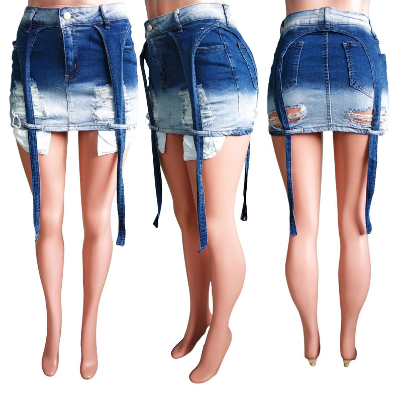 Slim Fit Ripped Fluttering Denim Skirt LX 6961
