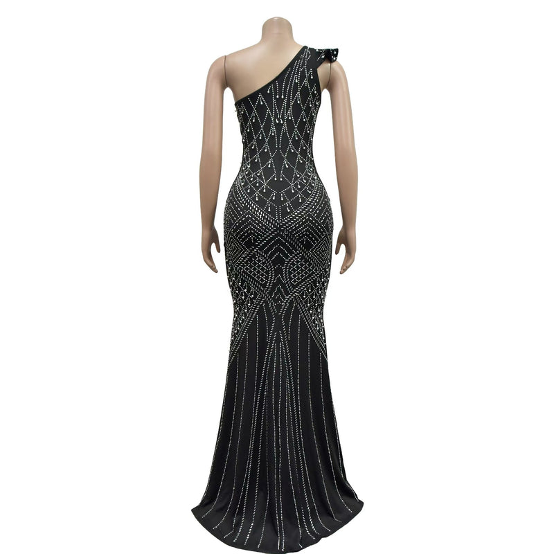 Solid Hot Drill Slash Neck Long Dress GADE 8397