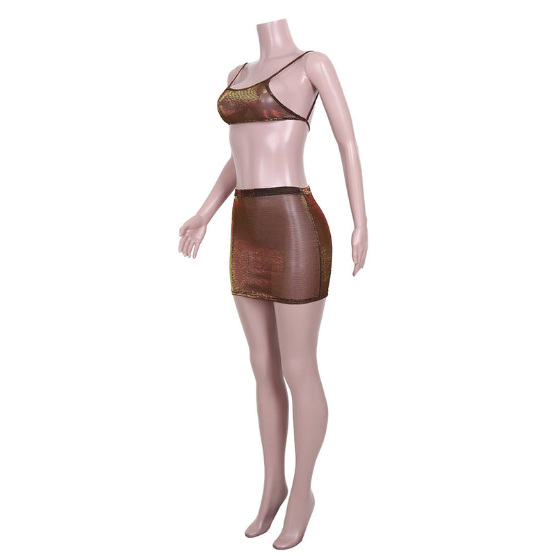 Mesh See Through Sling Top And Skirts Two Piece Set JZHF 8030