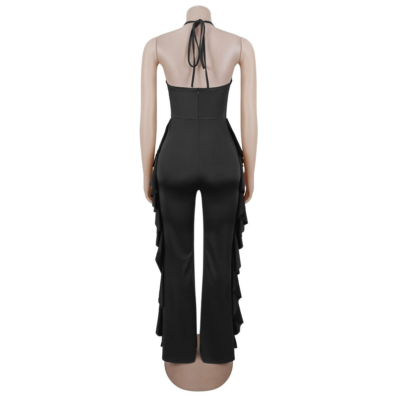 Halterneck V Neck Ruffles Sling Jumpsuit BY 7836