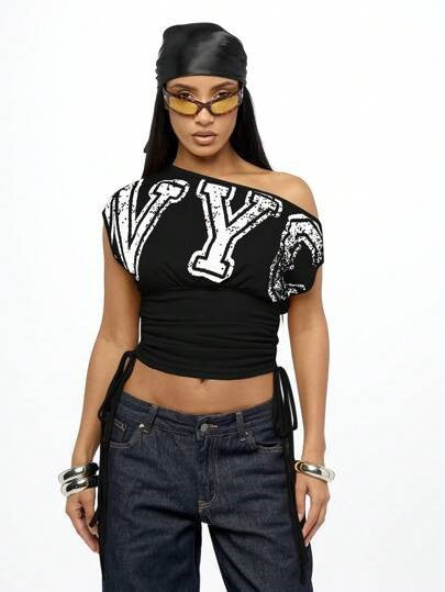 Slash Shoulder Letter Print T Shirts GFCF 1520