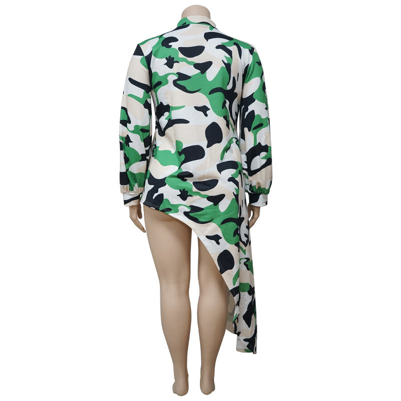 Plus Size Print Irregular Long Sleeve Long Dress NNWF 7084