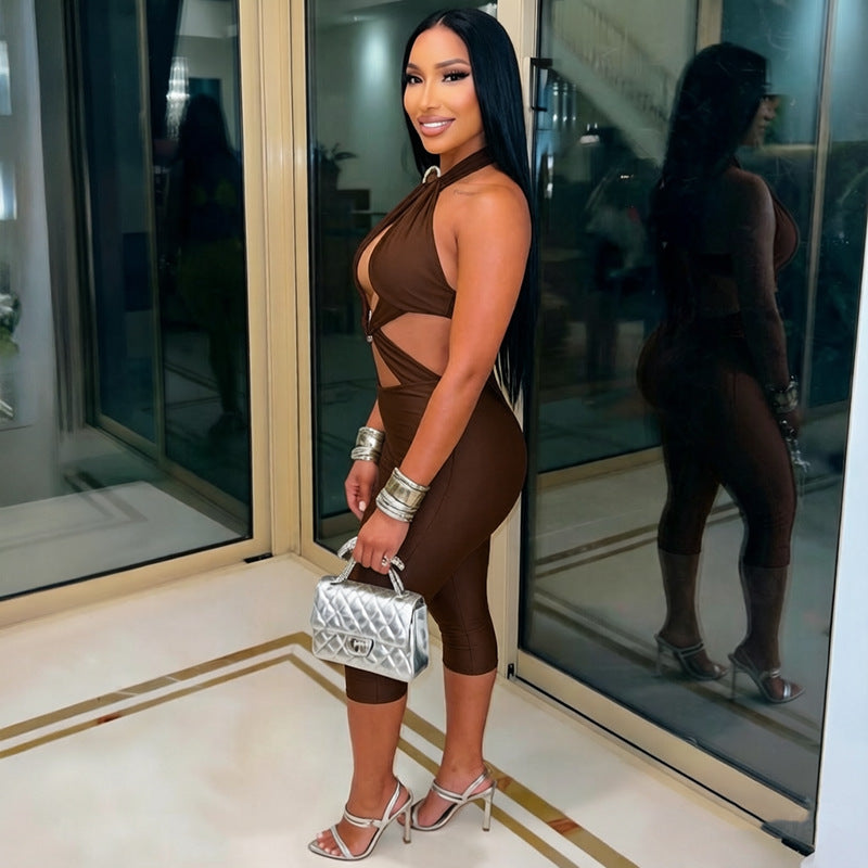 Solid Color Hollow Out Backless Seventh Jumpsuit MXBF C26JP306