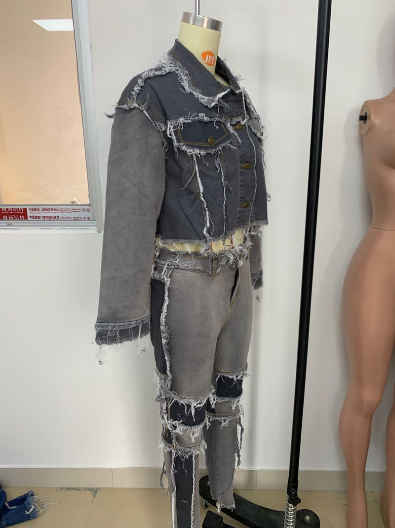 Patchwork Denim Jacket Jeans Pants Two Piece Sets LSD 8773