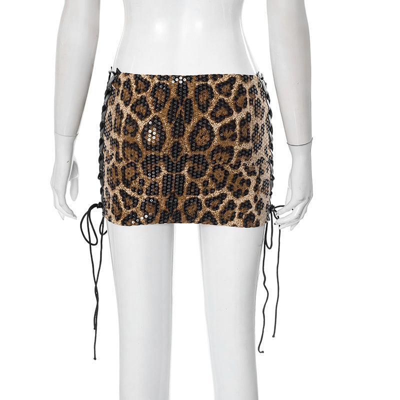 Leopard Sequin Split Tie Up Skirts GDSF J25SK032