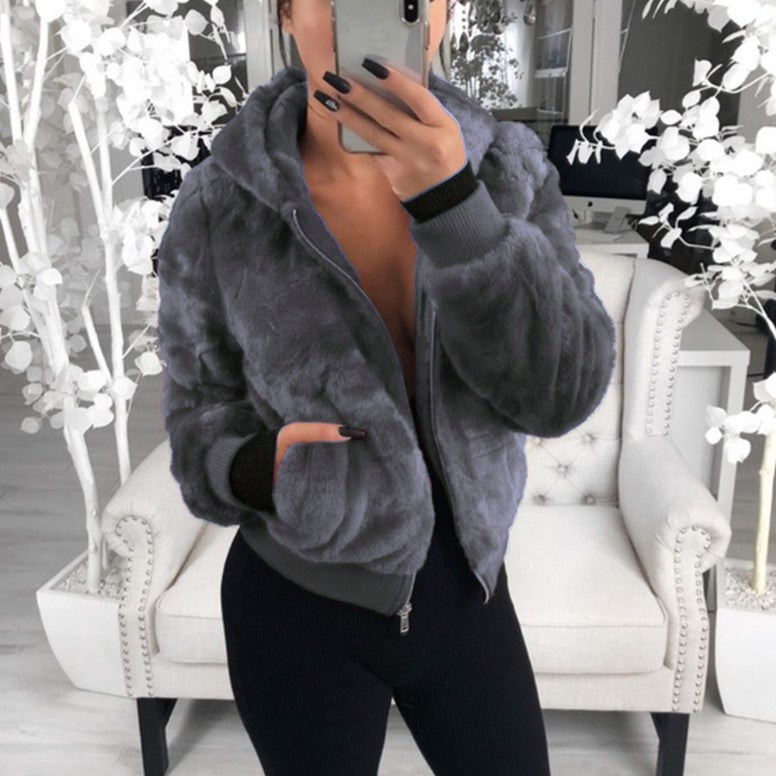 Fashion Solid Color Hooded Loose Plush Jacket GLYY 6001