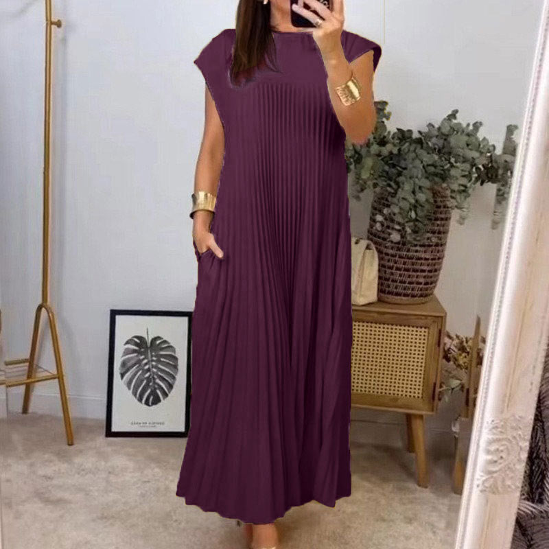 Plus Size Solid Color Pleated Loose Maxi Dress GMAN 28011