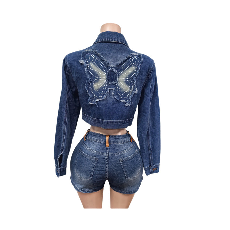 Embroidery Long Sleeve Denim Coat MEM 88663