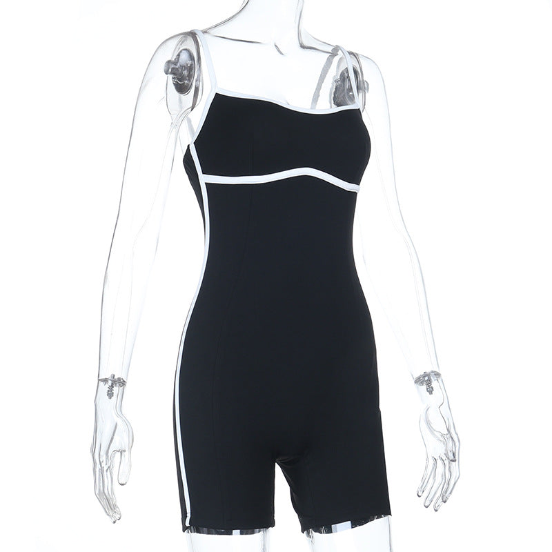Contrast Color Backless Sling Romper FL 25442