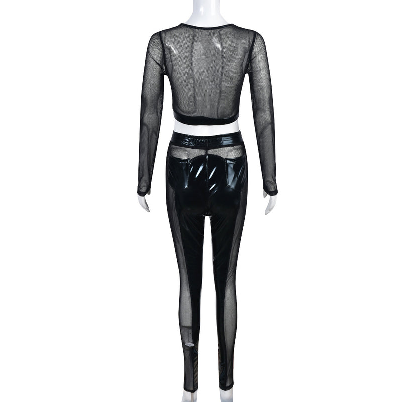 Sexy Mesh See Through Patchwork T Shirt Pant Suit GYHF 9075SD