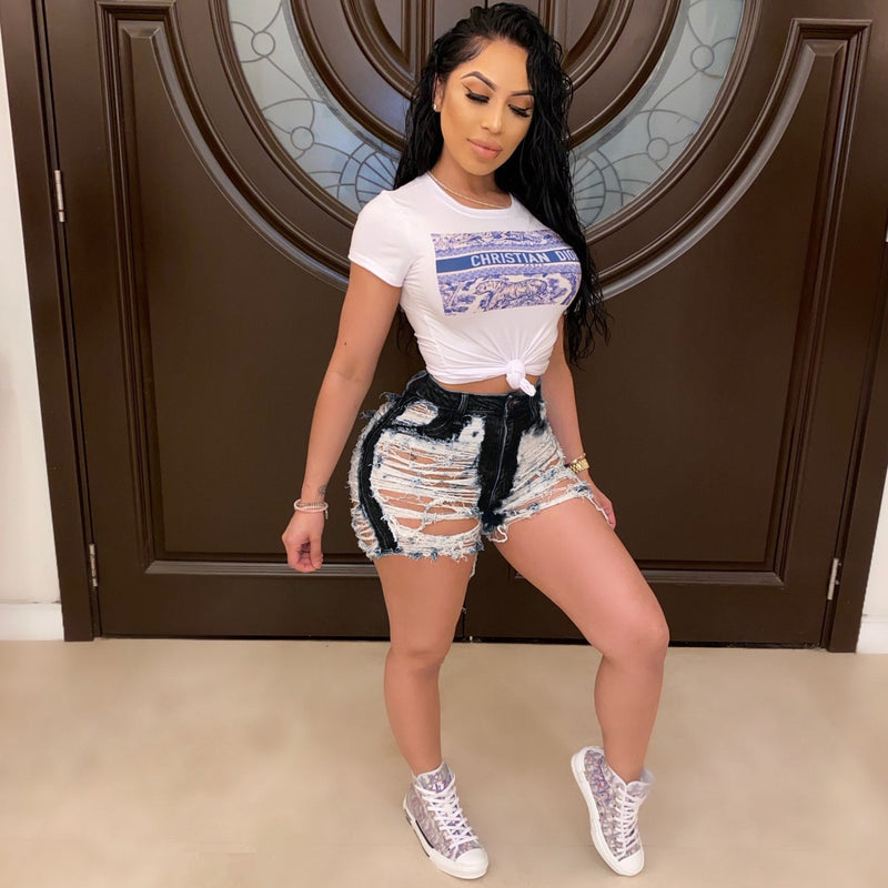 Denim Ripped Hole Skinny Jeans Shorts LSD 8695