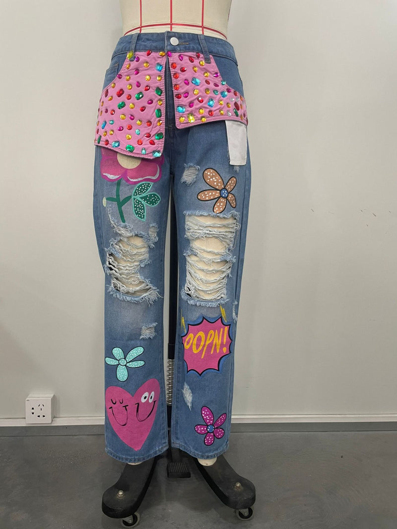 Plus Sizse Hot Drill Print Holes Loose Jeans OD 8685