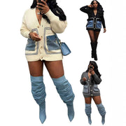 Patchwork Denim Single breasted Loose Sweater OD 8707