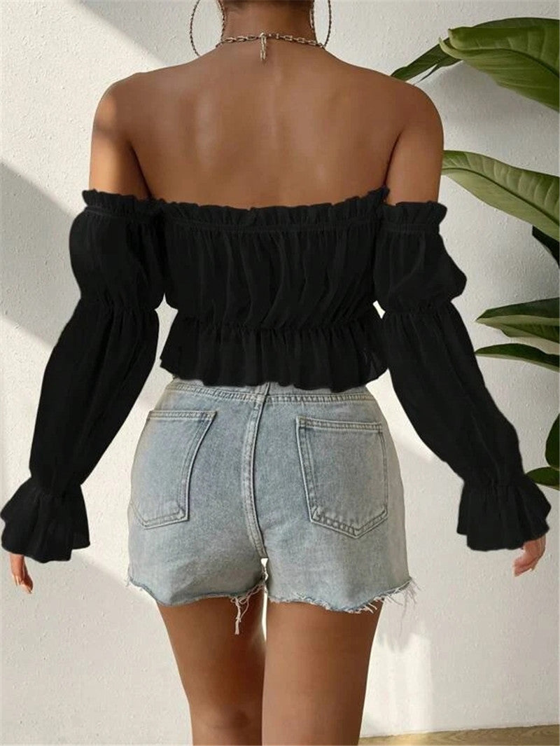 Off Shoulder Ruffles Chiffon Gathered Blouse GZYF 1012