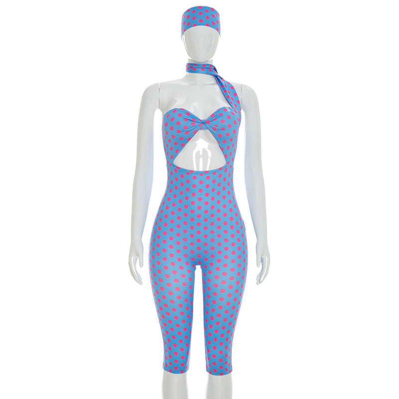Polka Dots Print Halterneck Romper With Hairband MXBF J26JP122