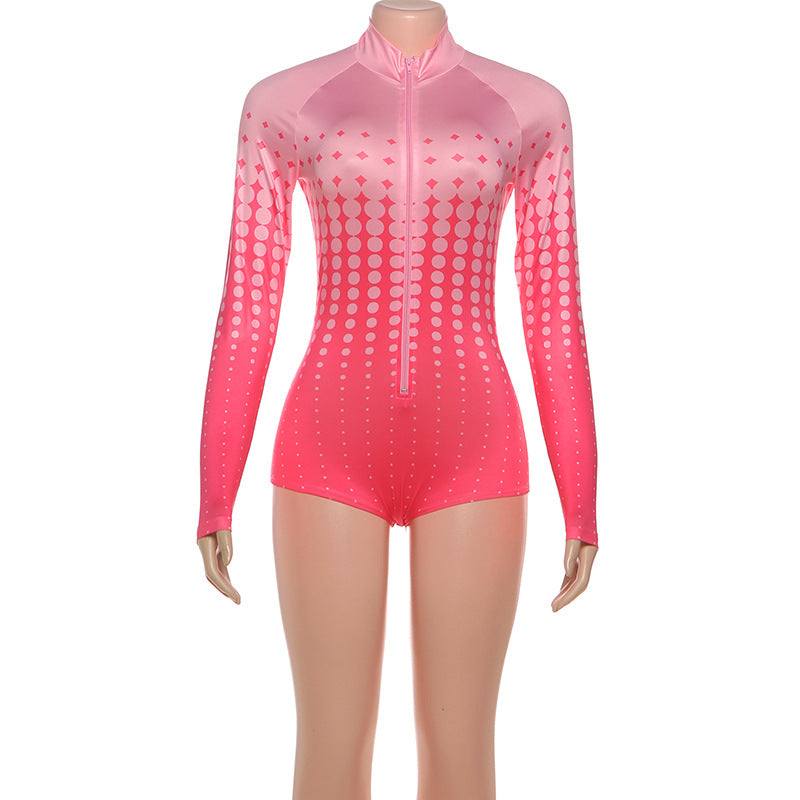 Print Stand Collar Zipper Romper DLSF K25Q82279