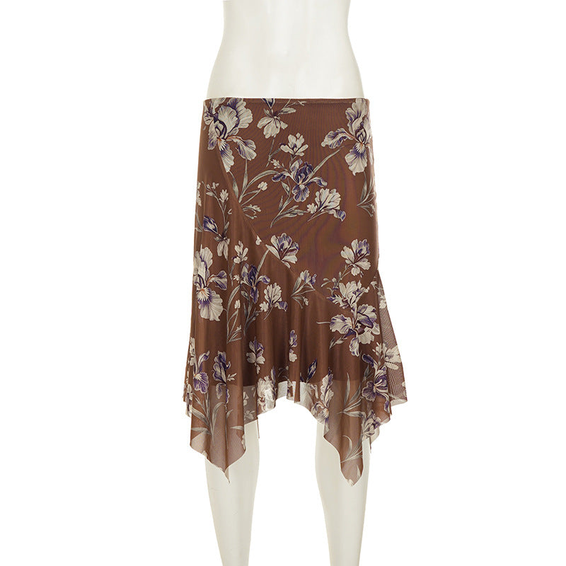 Printed Mesh Irregular Mid Skirt GPKJ MR49534