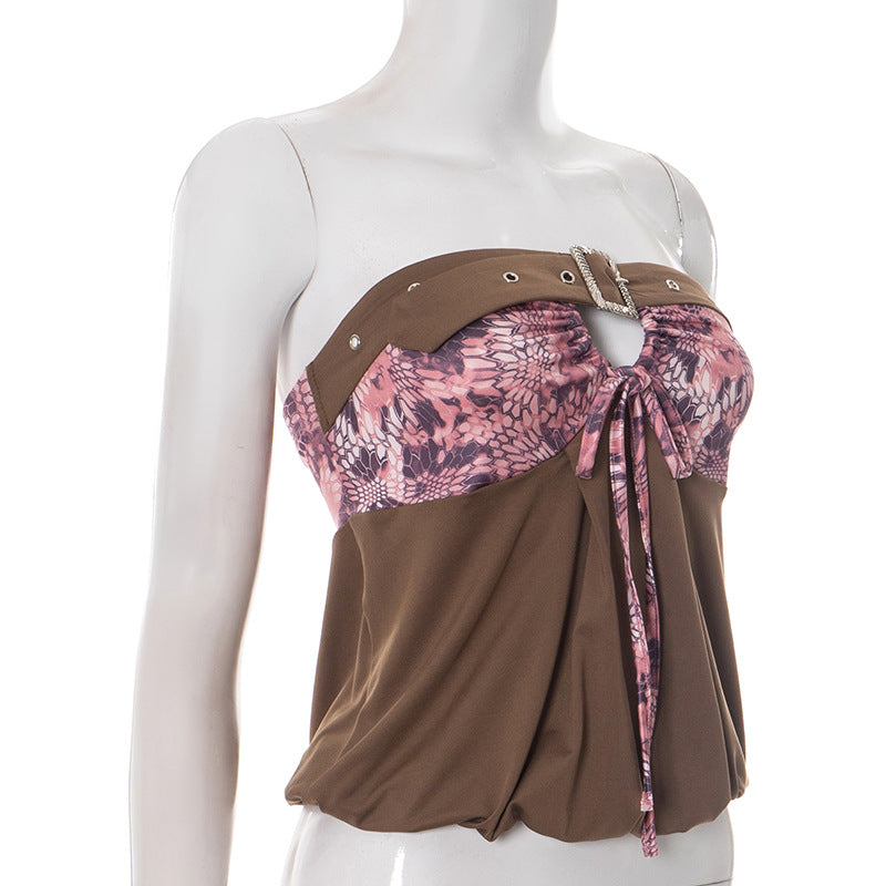 Adjustable Buckle Patchwork Drawstring Butterfly T shirt MXBF Q25TP199