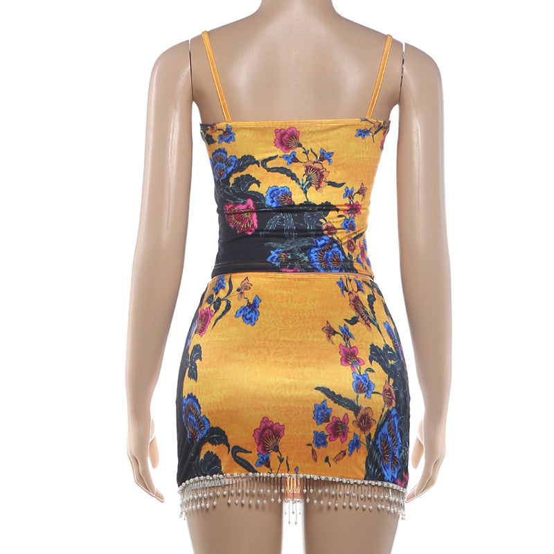 Print Tassel Patchwork Sling Mini Dress DLSF K6S12686A