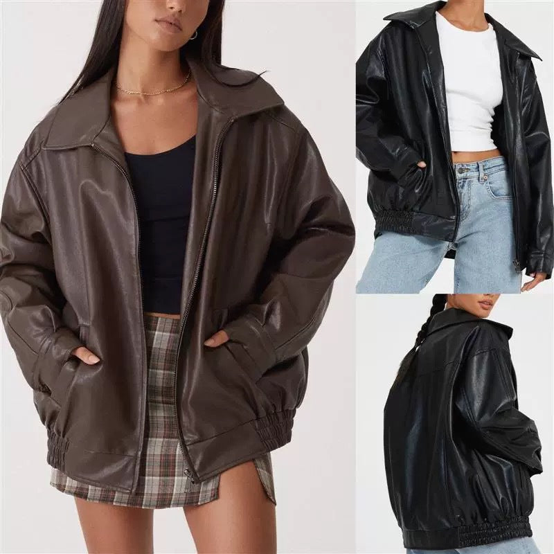 Lapel PU Leather Jacket Coats HHMY M3566
