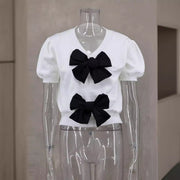 V Neck Short Sleeve Double Bow Solid Sweater GLYK LX045