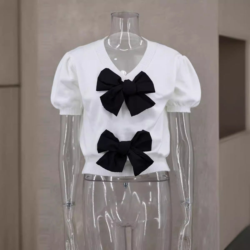 V Neck Short Sleeve Double Bow Solid Sweater GLYK LX045